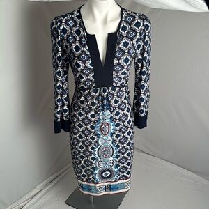 Laundry by Design navy blue multicolor print stretch jersey split neck dress